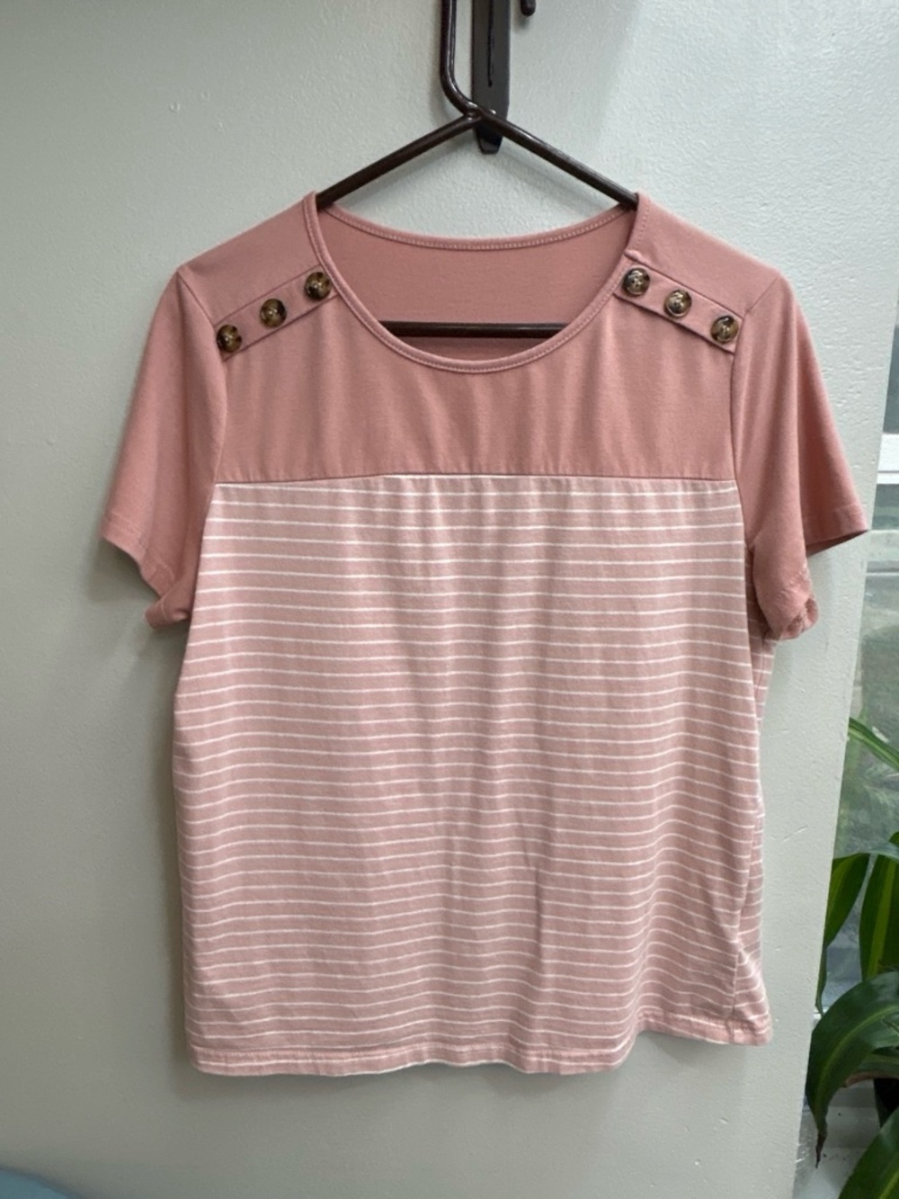 SHEIN Pink Striped Short-Sleeve Top with Button Shoulder Detail